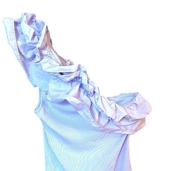 Express Bodysuit - Small - Lilac Light Vibrant Purple One Shoulder with Ruffles - Picture 6 of 8